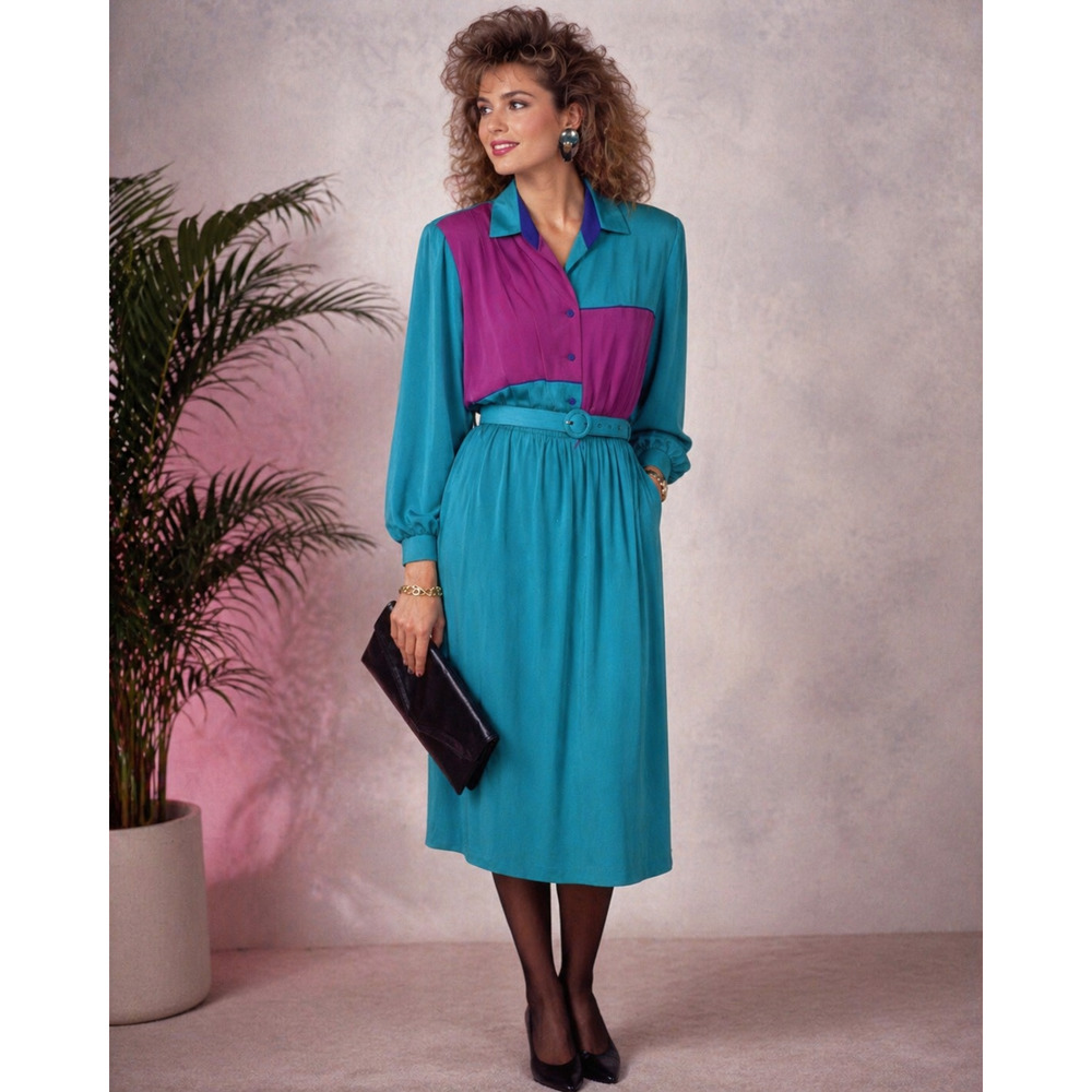 WILLI of California Vintage 80s Colorblock Shirt Dress Belted Retro Midi Size 12